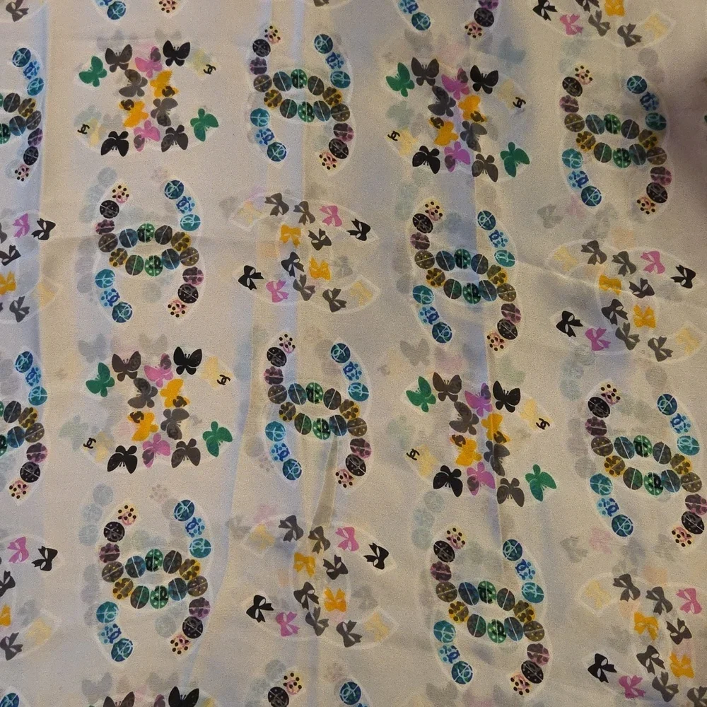 Chanel Coco RueCambon Cream Silk Scarf with Multicolor Logo‎ Pattern